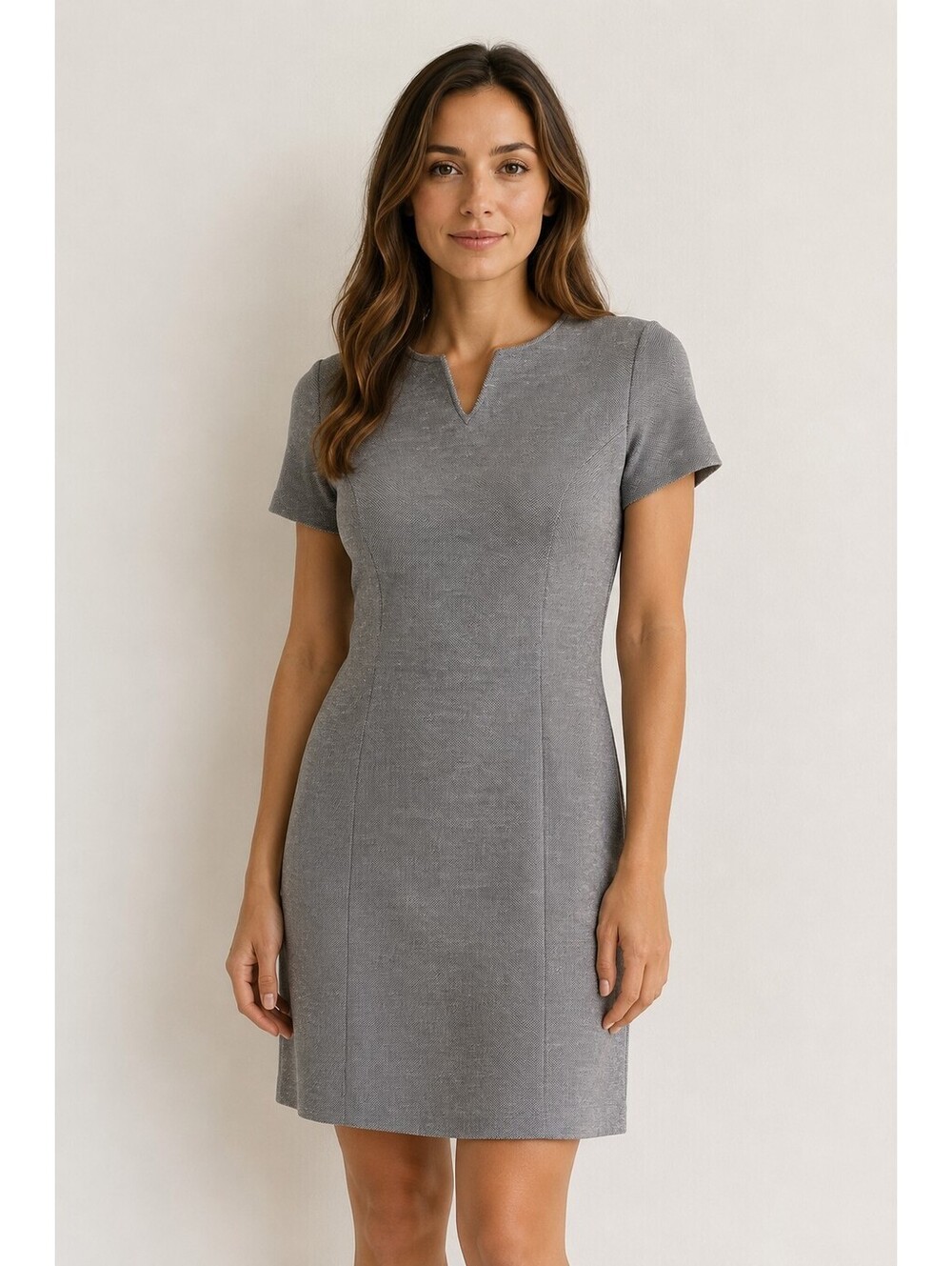 Vintage Butte Knit Gray Textured Shift Dress Made in USA Short Sleeve Midi Dress